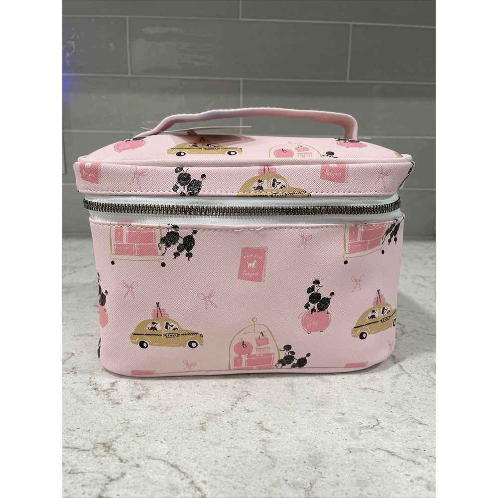 TRAVEL POODLE Print Pink Train Case Makeup Cosmetic Bag French Taxi Luggage NEW